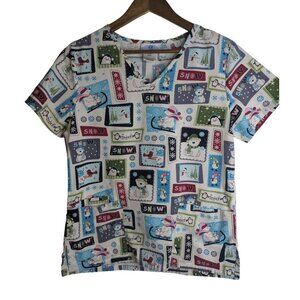 SB Scrubs Winter-Themed Printed Medical Scrub Top Sz S 100% Cotton Pockets